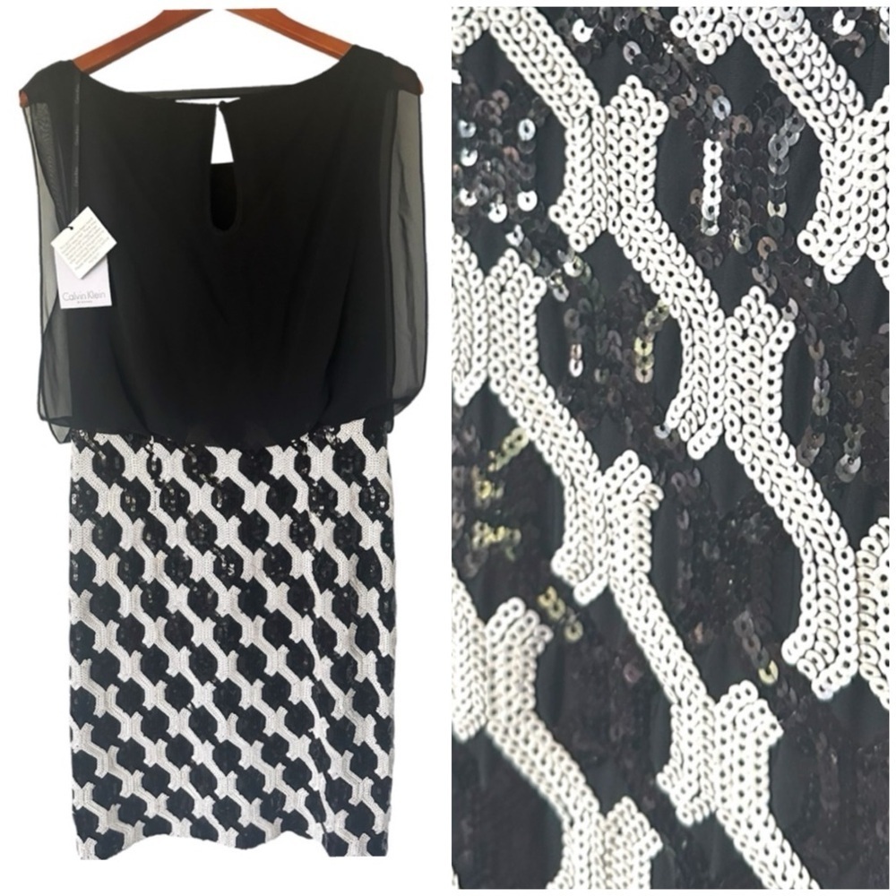 NWT Calvin Klein Black and White Sheath Sequined Mini Dress - Picture 2 of 10